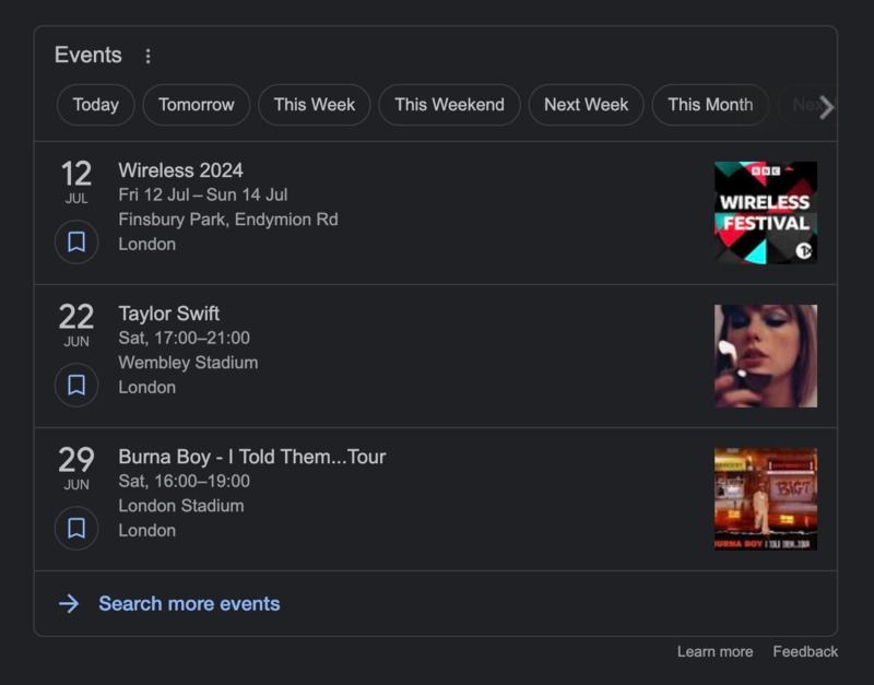 A screenshot of the events section from google when searching for summer events in London.